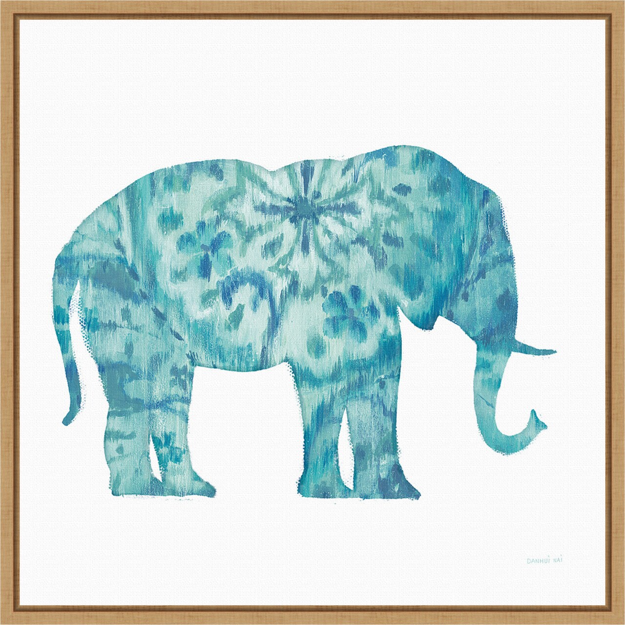 Boho Teal Elephant I by Danhui Nai 16-in. W x 16-in. H. Canvas Wall Art Print Framed in Natural